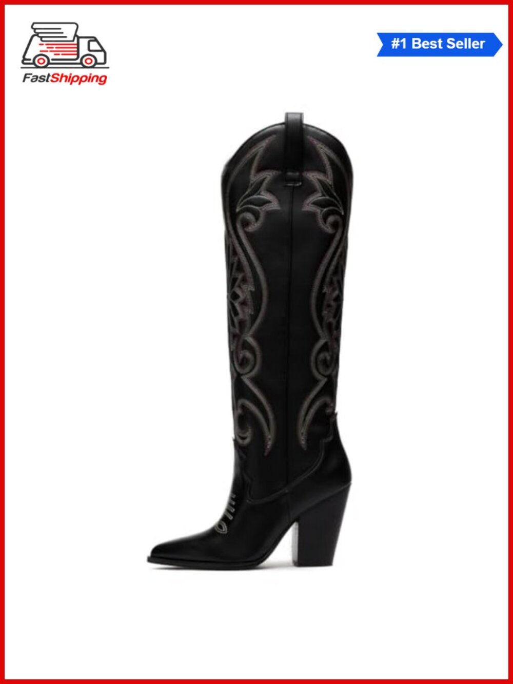 ✨ Embroidered Knee High Cowboy Boots Pointed Toe Chunky Heel Wide Calf